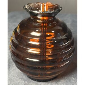 Vintage MCM Amber USA Bee Hive Ribbed Vase Vanity Jar With 2 Honey Sticks
